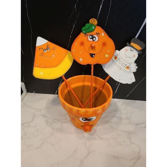 Hand Painted Wood Folk Art Ghost Pumpkin Candy Corn 3D Planter Décor Halloween - Picture 2 of 11